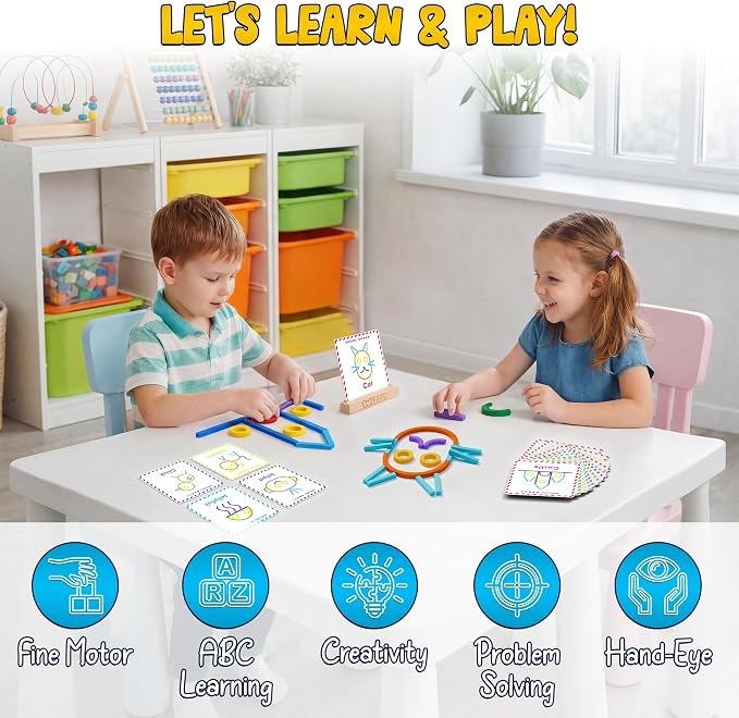 182pcs Wooden Montessori Smart Sticks and Rings Puzzle Game for Kids, Wooden Pattern Blocks Learning Set with 50+ Double-Sided Cards, A-Z Alphabet Cards, Fine Motor STEM Toy for Ages 3+