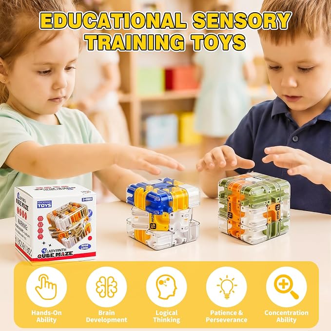 3D Maze Cube Ball Puzzle Brain Teaser for Adults & Kids, Educational Learning Toys Logical Thinking, Family Board Games Tabletop, Durable Puzzle Cube (White&Blue&Yellow, 2.7x2.7x2.7)
