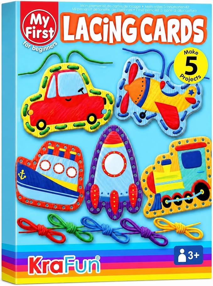 KRAFUN Transport Vehicle Lacing Cards Age 3+ | 5 Projects | 5 vehicle cards: Car, Rocket, Train, Plane & Ship. Builds fine motor skills for toddlers. Beginner activity ages 3+