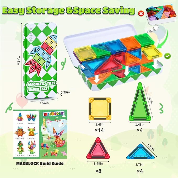 MAGBLOCK 30PCS Mini Magnetic Tiles with Portable Box for Kids 3+ | Travel Size Toys Magnetic Building Blocks Set, STEM Sensory Montessori Toys for Road Trip Essentials Airplane Car Activities