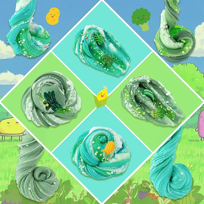 6-Pack Green Slime Kit for Kids, Cloud Butter Clear Crunchy Gift Set | Gradient green sensory slime with add-ins, party favor, goodie bag stuffer, Easter basket filler, ages 4-10