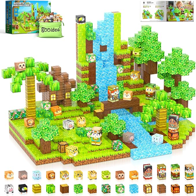 150PCS 0.8“ Magnetic Blocks Magnet Building Craft, STEM Constructions Toy | Sensory Stacking Cubes Kids Toys, Holiday Birthday Gifts for Boys Girls Age 4-6, 5-7, 4-8, 8-12 - Jungle Adventure Playset