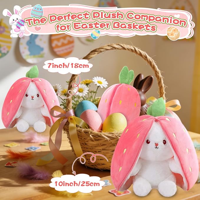 MIAODAM Strawberry Bunny Stuffed Animal,Reversible Cute Bunny Rabbit Plush | Zipper Design Turns Into Ear Bunny Plushies Toy,Cuddle Stuffed Bunny Doll for Kids Girls,Christmas/Birthday/Easter Bunny Gift