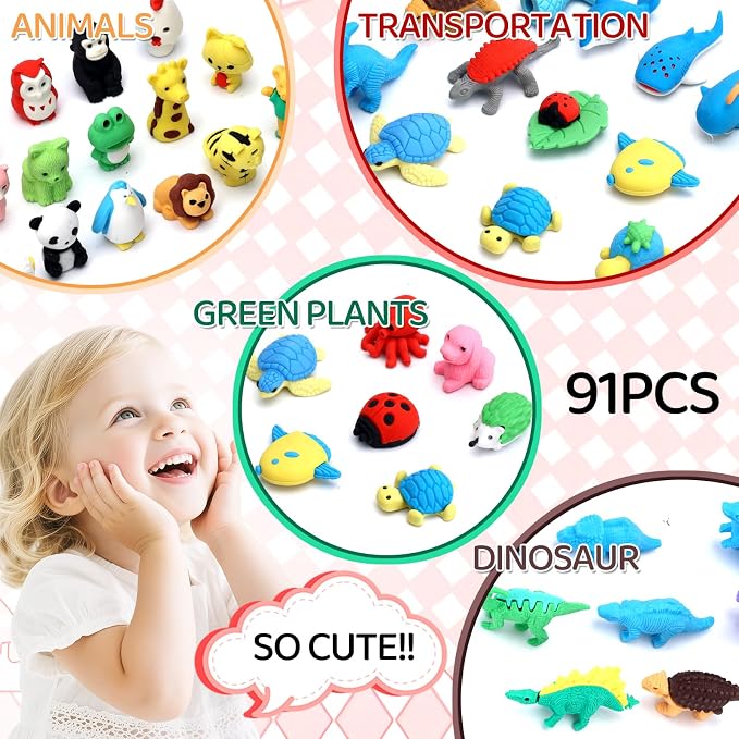 URSKYTOUS 91Pcs Animal Erasers Desk Pets for Kids Animal Pencil Erasers Bulk Puzzle Eraser Toys Gifts for Classroom Prizes,Game Reward,Treasure Box,Easter Egg Fillers,Goodie Bag Stuffers,Party Favors