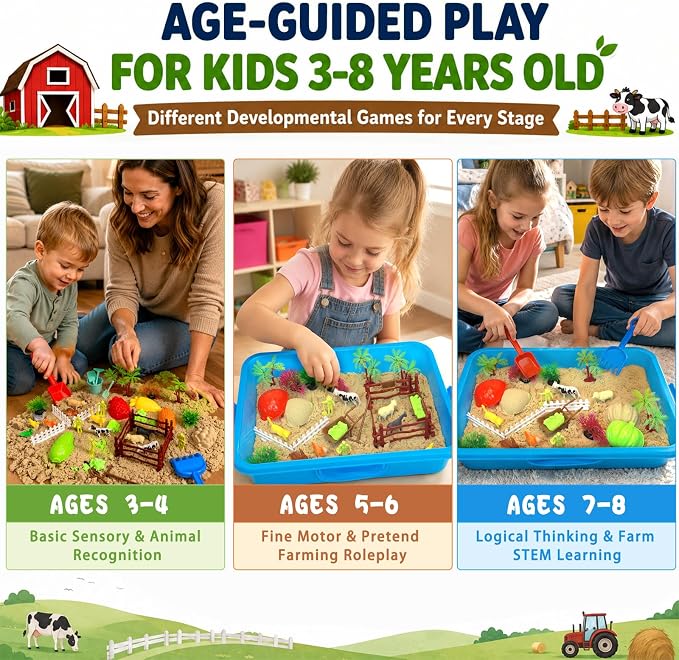 Lunoppy Farm Sensory Sand Kit, Lidded Sand Bin Farm Toys for Kids Ages 3-12 | Indoor Sandbox with 3-Color Magic Sand & Tools, STEM Montessori Farm Sensory Toys, Christmas & Birthday Gifts for Boys Girls