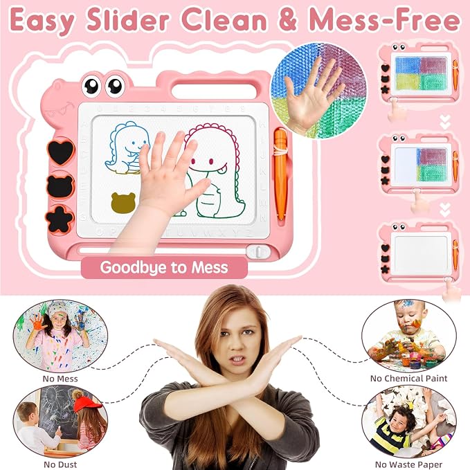 AiTuiTui Dinosaur Magnetic Drawing Board for Toddlers Ages 2-4, Pink | Doodle Board Toddler Toys, Educational Learning Kids Gift for 3 4 Year Old Girls, Color Sketch Writing Pad Travel Games