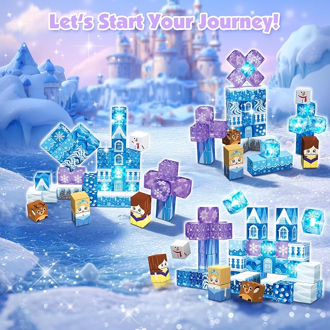 Magnetic Blocks, 45pcs Travel Toys Building Set with Magnetic Tin Box, Transparent & Light Up Magnet Cubes for Blue Snow Castle Build, Princess Toy Birthday Gift for Kid Girl 3+