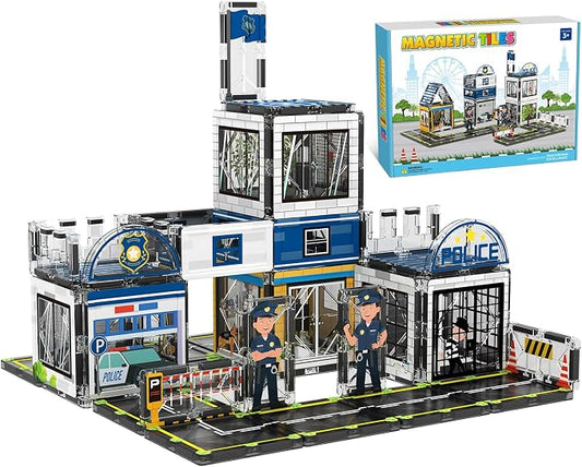 AFUNX Police Station Magnetic Tiles Building Set for Kids Ages 3+ | Strong Magnets, Compatible with Major Magnetic Tile Brands, Police Pretend Play, Creative Building,Gift Ready