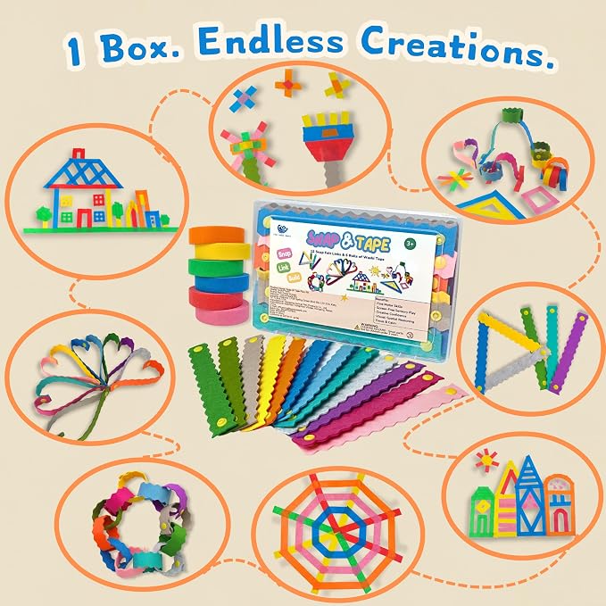 Feel Good Waves Snap & Tape Play Kit - Kid Travel Toy - Fine Motor -Fidget | 12 felt snap links, 6 washi tapes & carry case, screen-free for airplane, car & restaurant, sensory play, US safety certified