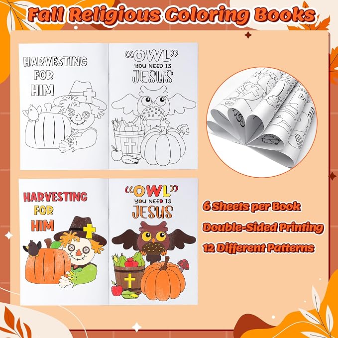 24Pcs Fall Religious Coloring Books Bible DIY Color-in Pages | Drawing Booklet Bulk, Autumn Party Favor, Christian Activity, Sunday School Supplies, Classroom Rewards, Thanksgiving Gift
