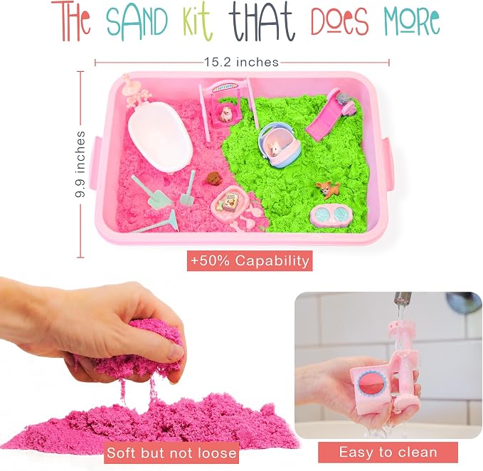 Pet Sensory Bin, 79 Pcs Cat and Dog Sandbox with Lid, 2.4LB Sensory Sand Indoor Outdoor Play Sand Kit, Cat Toys for Kids Ages 3 4 5 6 7, Christmas Birthday Gift for Girls and Boys