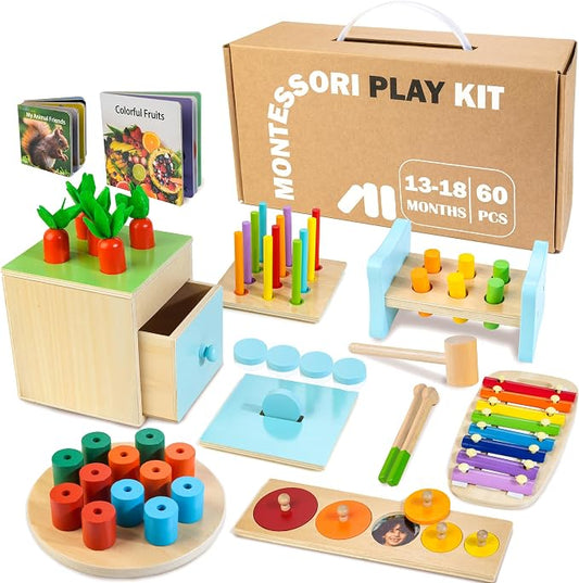 WOODMAM Wooden Montessori Toys for 1+ Year Old, 9 in 1 Educational Play Kit | Toys for 13-18 Months, One Year Old Boy Girl Birthday Gift, Early Learning Toys with Xylophone, Pound Bench, Shape Puzzle