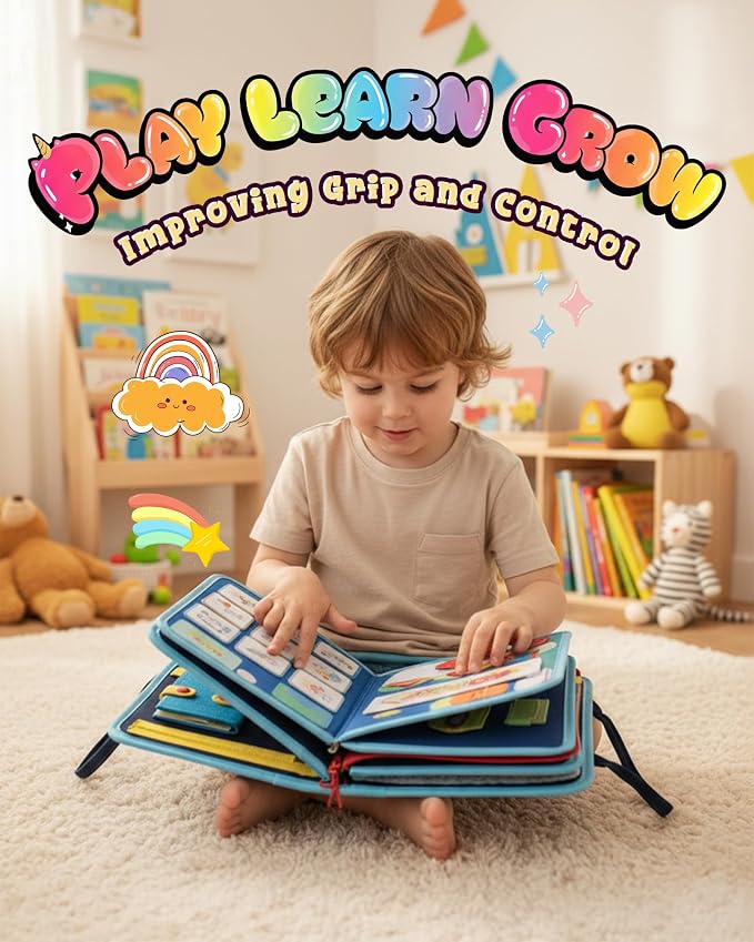 Montessori Busy Board for Toddlers, 8-Page Sensory Activity Book for Fine Motor Skills & Basic Dress Learning, Portable Travel Toy for Preschool Kids, Birthday Gift for Boys and Girls