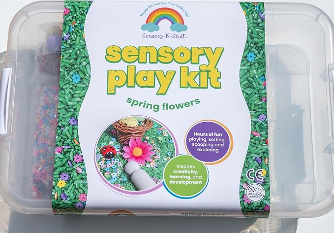 Spring Flower Sensory Bin Kit for Kids | Green Rice, Felt Bees, Wooden Eggs & Ladybugs, Floral Accessories & Wooden Tools – Includes Clear Storage Bin