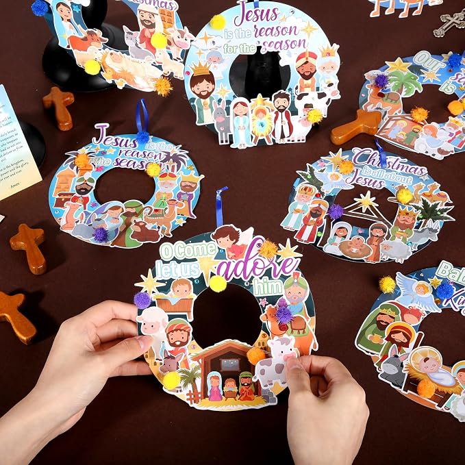 Hollowfly 48 Set Christmas Nativity DIY Wreath Craft Kits Xmas Activities | 8 Unique Jesus Nativity Scene Designs, Ideal Holy Night Decor, Sunday School Crafts & Christmas Religious Party Favors