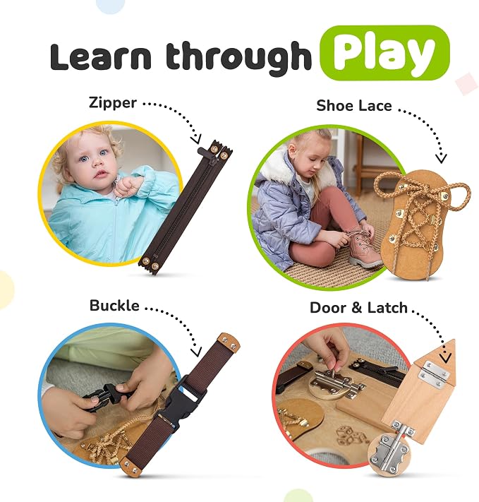 Montessori Busy Board with 10 Educational Activities for Fine Motor Skills | Preschool Busy Board for 3 Year Old with 10 Educational Activities for Fine Motor Skills, Travel Toy