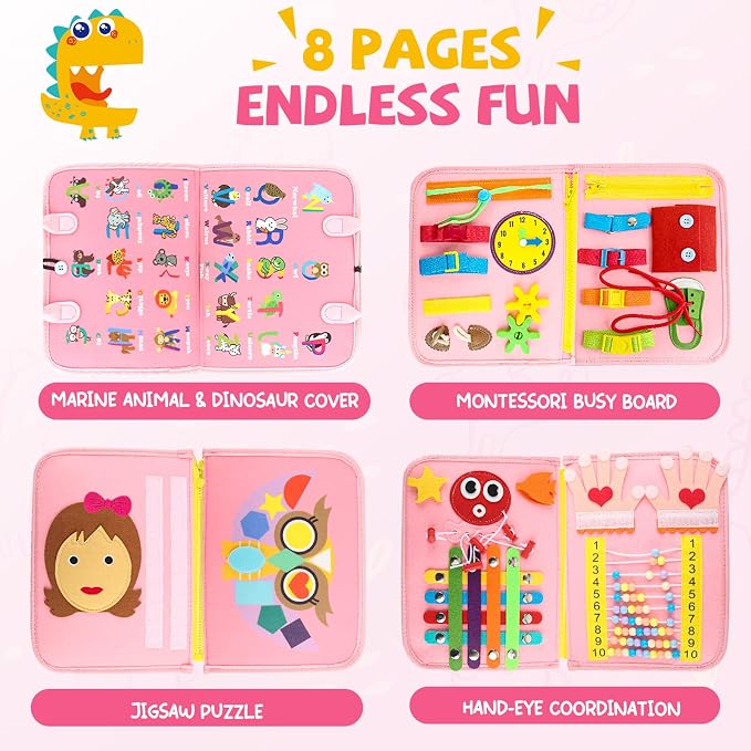 Toddler Busy Board, Montessori Sensory Toys for Boys, 3-8 Year Old Girl Toddler Travel Toys, Educational Learning Activities Board for Motor Skills, Birthday Gifts for Airplane Car, Pink
