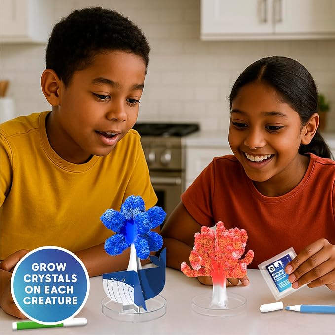 Discovery™ Deep Sea Crystal Grow Kit – 32-Piece STEM Chemistry Lab for Kids| Grow Colorful Crystals on 8 Sea Creatures| Educational Craft Kit with Art Supplies| DIY Science Activity Set Gift| Ages 8+
