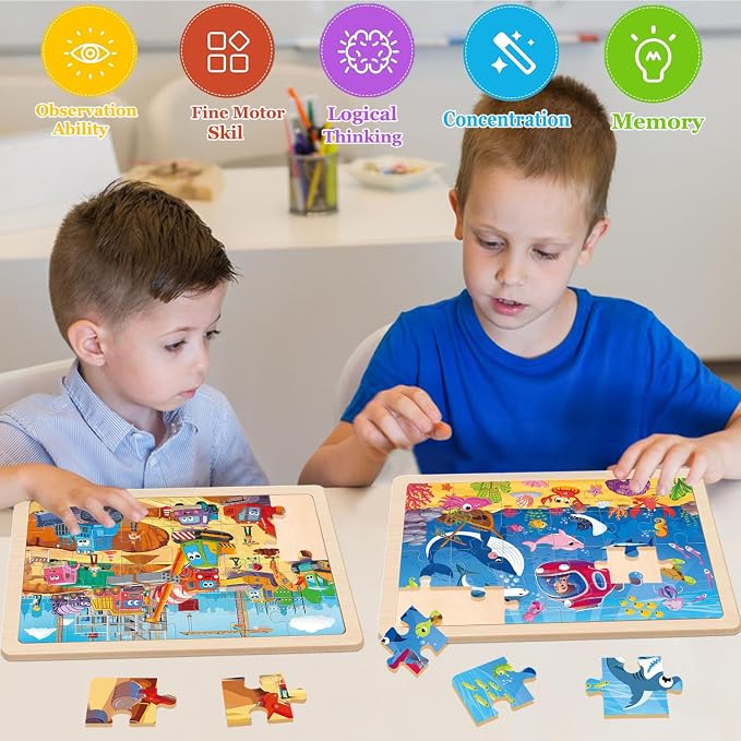 Wooden Puzzles for Kids Ages 4-6, 4 Packs 24 Pcs Wooden Jigsaw Puzzles for Toddlers Ages 3-5, Preschool Educational Puzzle Toys Gifts for 3 4 5 6 Boys Girls
