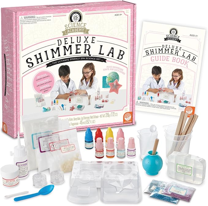MindWare Science Academy Deluxe Shimmer Lab – Kit Includes 40pcs to Teach Kids & Teens Cosmetic Chemistry - Boys & Girls Make DIY Bath Bombs, Lip Balm & Soaps with eco-Friendly Biodegradable Glitter