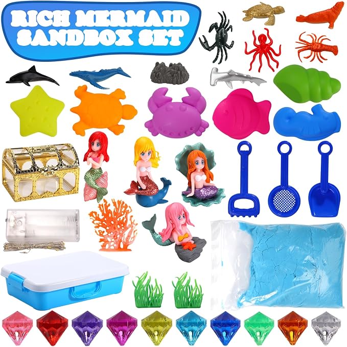 GAIETYDIY Mermaid Sensory Bin for Girl, Magic Sand Art Kit with LED Light | 2.2lbs Sensory Sand, Ocean Sea Animals, Sand Box with lid, Mermaid Toy Christmas Birthday Gift for Girls Ages 3 4 5 6 7 8 9+
