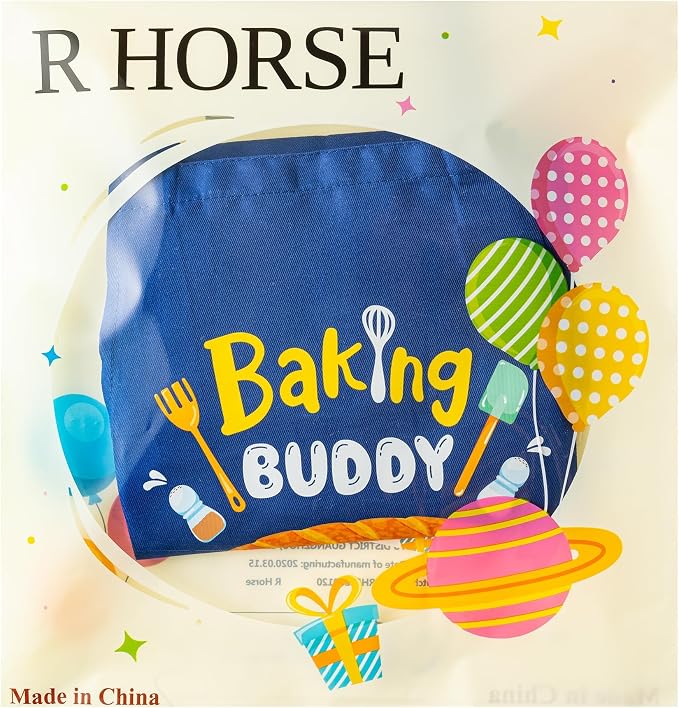 R HORSE 2 Pieces Kid Apron and Chef Hat Set, Dress up Role Play Chef Toy | Blue Baking Buddy Adjustable Children Kitchen Apron for Boy, Ideal for Cooking, Baking, Painting, Cooking Birthday Gift