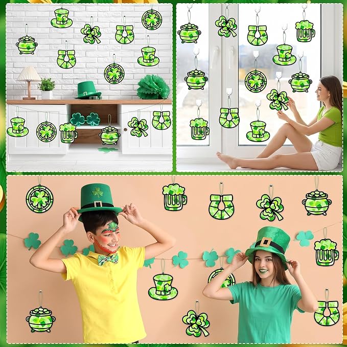 Qyeahkj 36 Set St. Patrick's Day Suncatchers Crafts for DIY Shamrock Window Tissue Paper Craft Kit Hanging Decor for St. Patrick's Day Home Activity Art Project Birthday Party Favor