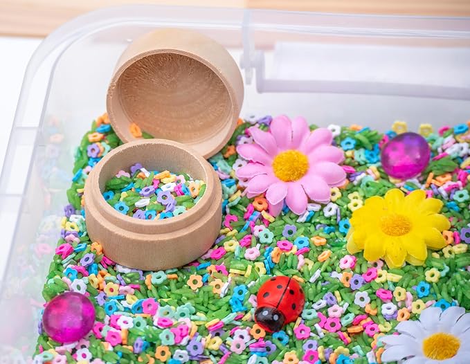 Spring Flower Sensory Bin Kit for Kids | Green Rice, Felt Bees, Wooden Eggs & Ladybugs, Floral Accessories & Wooden Tools – Includes Clear Storage Bin