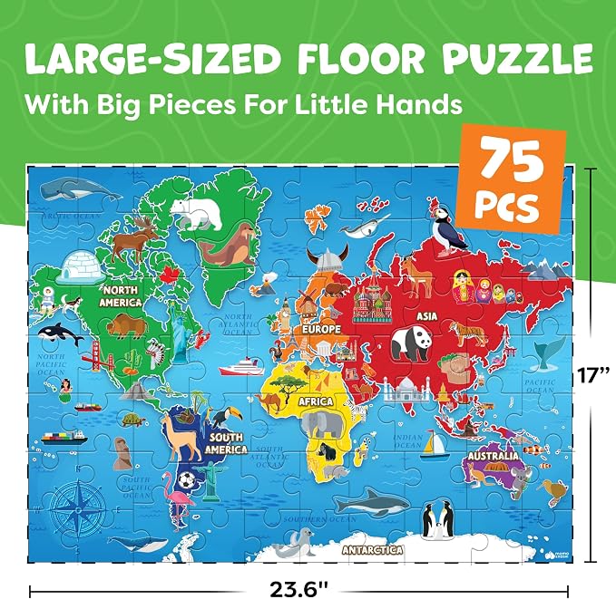 World Map Puzzle for Kids - 75pc World Puzzle with Continents, Landmarks - Childrens Jigsaw Geography Puzzles for Kids Ages 4-8, 5, 6, 7, 8-10 Year Olds - Globe Atlas Puzzle Maps Learning Games Gifts