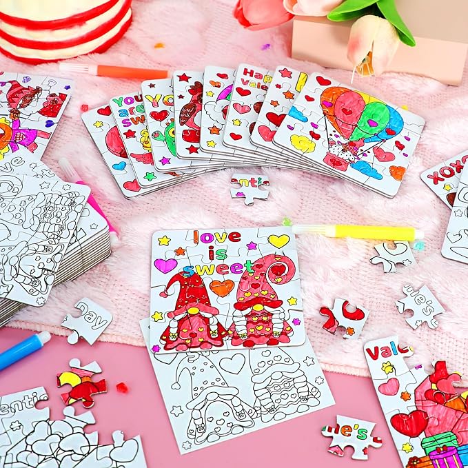 24Pcs Valentines Day Crafts Gifts Kits for Boys, Girls & Adults, Valentine's Arts and Crafts DIY Puzzle with Chocolate Cake Heart Owl, Jigsaw for Classroom Activities Party Favors Exchange Supplies
