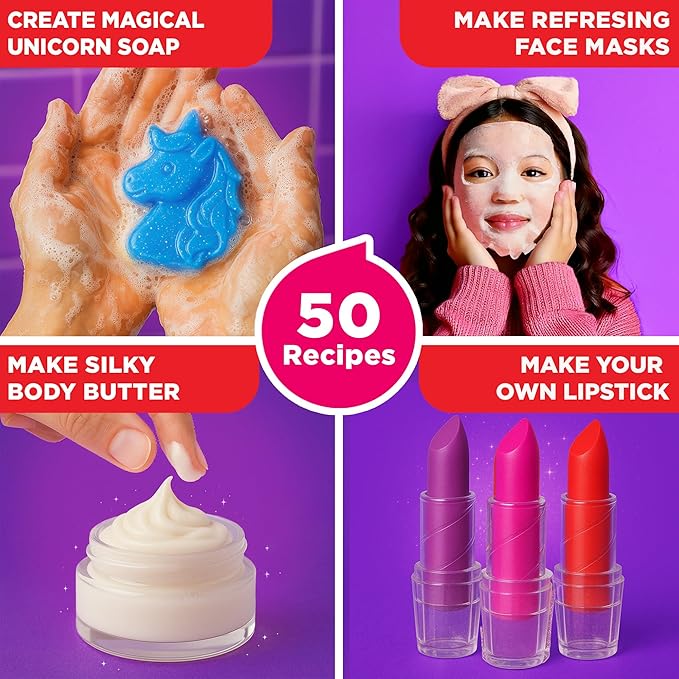 Doctor Jupiter Glam Science, DIY Makeup Craft Kit for Kids Ages 6,7,8+ | Birthday Gift for Girls Ages 6,7,8,9,10,11,12, DIY Makeup Craft Kit, Make Your Own Lip Gloss, 50+ Beauty Recipes