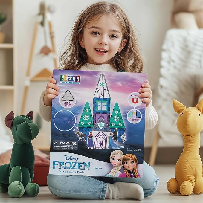 Tytan Toys Disney Frozen Magnetic Tiles Princess Castle - 41-Piece STEAM Building Set with Glitter Tiles & Elsa, Anna, Olaf Stickers - Educational Frozen Toys for Girls Age 3-4+