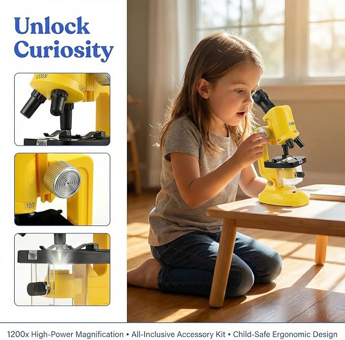 Little World Kids Microscope with LED Light - 100X/400X/1200X Magnification | Beginner science kit, monocular view, educational STEM gift for ages 5-12, Yellow