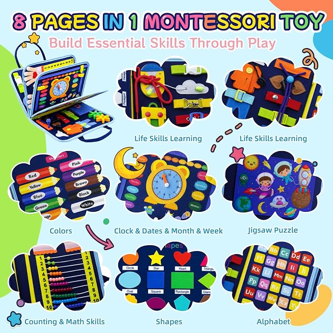 Montessori Busy Board for Toddlers, 8 Pages 30+ Activities Sensory Toy, Toddler Learning Toys with ABC Numbers Shapes, Travel Toy, Preschool Educational Gift for Boys Girls, Blue Dinosaur