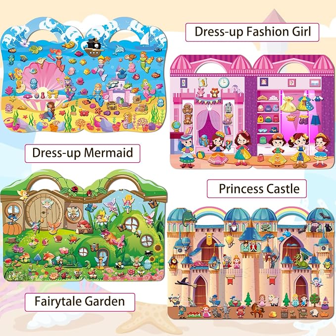 Kalysky Dress Up Sticker Books for Girls Ages 2-4 4-8, Reusable Puffy 3D Sticker Books for Toddlers 2-4 Years, Include Princess Mermaid Fairy and Fashion Girl,Activity Book for Toddlers 1-3
