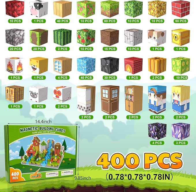 400PCS Magnetic Blocks, Magnetic Building Blocks, 0.78in Magnetic Building | STEM Game Stacking Toys for Kids, Birthday Gifts for Boys and Girls Age 3+ Years Old