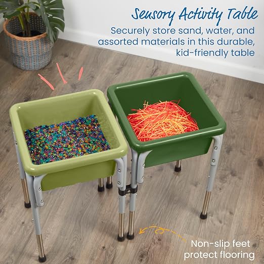 ECR4Kids 2-Station Sand and Water Adjustable Play Table, Sensory Bins, Fern Green/Hunter Green | Durable plastic/steel, GREENGUARD Gold Certified, 3-5 years, 80 lb capacity, adjustable legs, easy-lift lids, indoor/outdoor