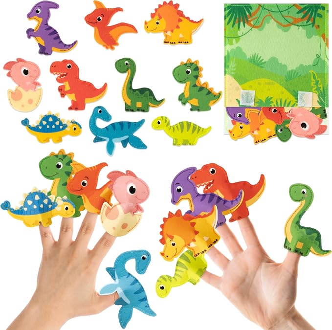 COcnny Dinosaur Finger Puppets Craft- 11pcs Dinosaur Felt Finger Puppet with Jungle Bag Set Making Crafts Kit for Kids, Make Your Own Story Telling Toys, Role Play for Boys Girls Toddles Ages 3-8