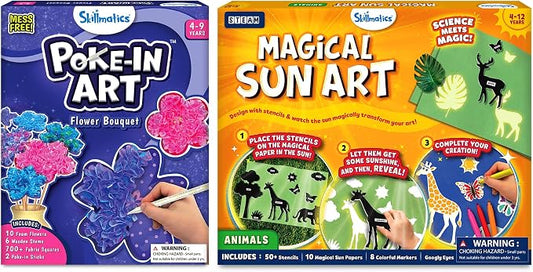 Skillmatics Poke-in Art Flower Bouquet & Magical Sun Art Animals Bundle, Mess-Free Fun, Creative Activity, Travel Friendly, Gifts for Girls & Boys Ages 4, 5, 6, 7, 8, 9, 10, 11, 12