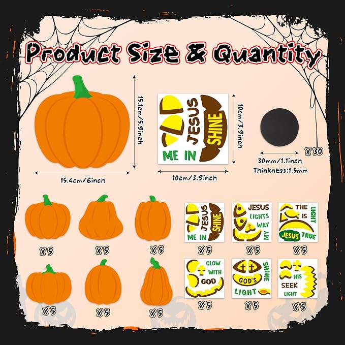 Haooryx DIY Halloween Christian Jesus Pumpkin Magnet Craft Kit | 30 Set Make Your Own Religious Fall Pumpkin Sticker Craft Decor, School Class Art Project Refrigerator Bulletin Board Decor