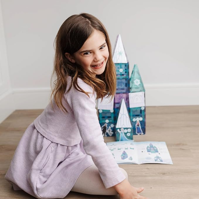 Tytan Toys Disney Frozen Magnetic Tiles Princess Castle - 68-Piece STEAM Building Set with Glitter Tiles & Elsa, Anna, Olaf Stickers - Educational Frozen Toys for Girls Age 3-4+