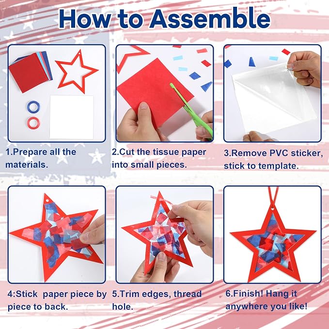 Qyeahkj 36 Set 4th of July Suncatchers Crafts for DIY Patriotic Star Window Tissue Paper Craft Kit Star Hanging Decor for Patriotic Home Activity Art Project Birthday Party Favor Gift