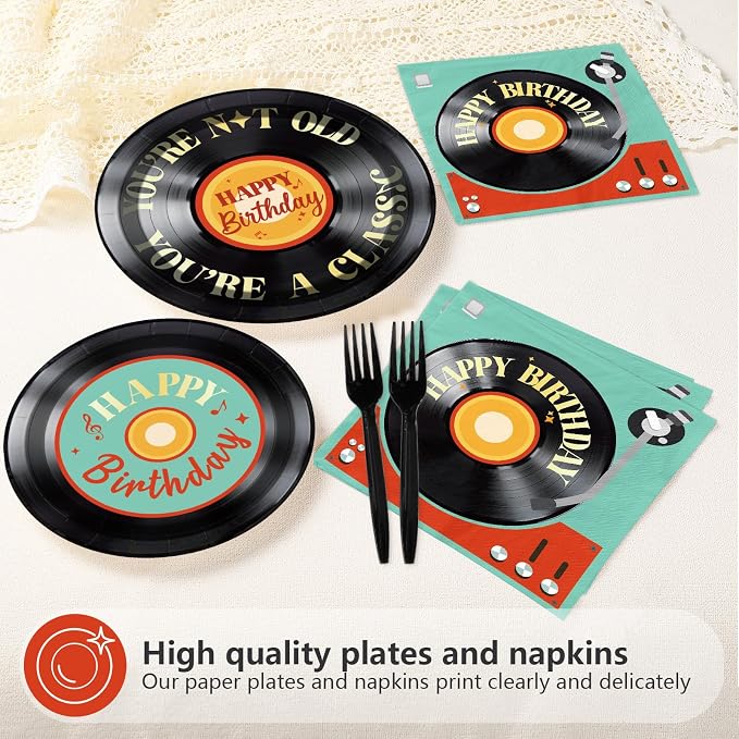96Pcs Vinyl Record Birthday Party Decorations for Men Women, Serves 24 | Rock and Roll Music Plates and Napkins Karaoke Tableware Set for Vintage Disco Rock Music Birthday Party Supplies