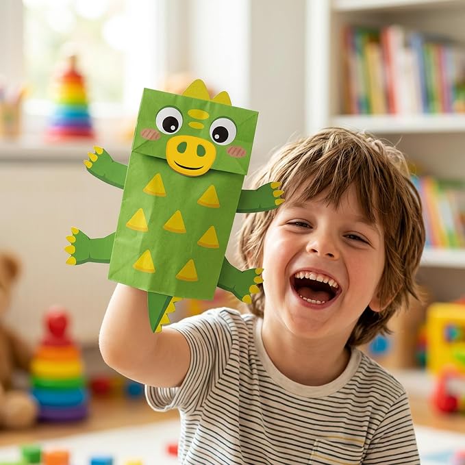 WATINC Hand Puppet Making Kit, Paper Sock Puppet Toys for Kids (Dinosaur) | 9 Styles, Make Your Own Storytelling & Role Play Crafts, Creative Group Activity, Party Favors & Gifts for Kids Ages 4-8