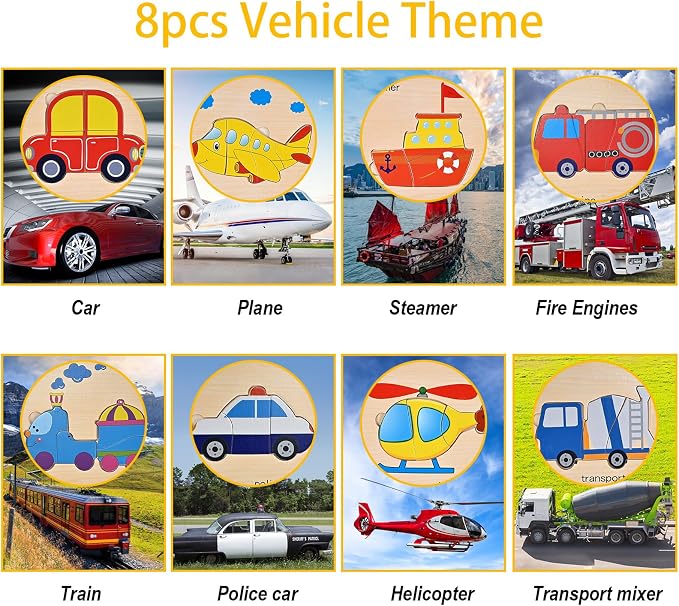 Wooden Puzzles for Toddlers 1-3, Toddler Puzzles Ages 2-4 | Montessori Toys for 1-3+ Year Old Learning Educational Preschool Toys for Boys Girls (Vehicle Theme)