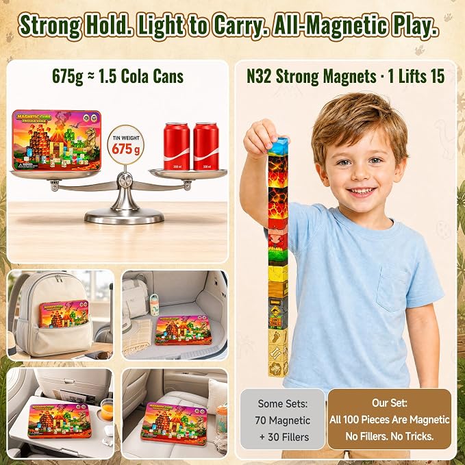 burgkidz Dinosaur Volcano Magnetic Blocks: 675g Portable Tin Case, N32 Strong Magnets, 4-Scene Storybook – Quiet STEM Travel Toy for Road Trip & Airplane, 100 PCS Building Set, Gift for Kids Ages 3-8
