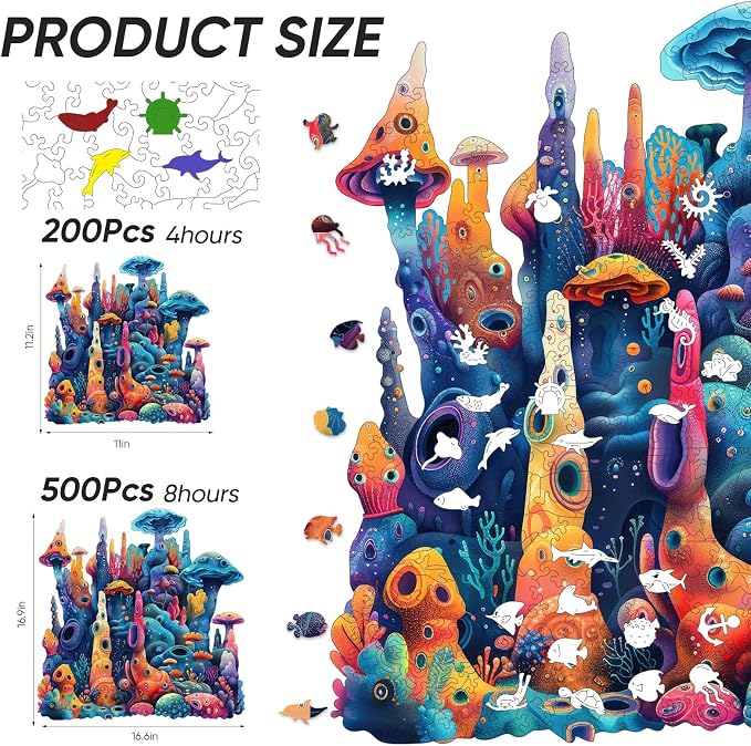 Qiuenisray Wooden Puzzles for Adults, Coral Ocean Jigsaw Puzzles 200 Pieces, FSC Certified Beautiful Wall Decor Puzzles, Unique Animal Shape Puzzle, Creative Gift for Family Game 11x11.2 in
