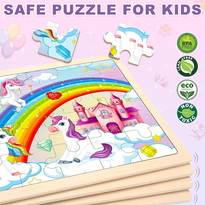 4-Pack Wooden Puzzles for Kids Ages 3-5, 24-Piece Princess Jigsaw Set | Toddler Puzzles Ages 3-5, Preschool Puzzles with Wooden Jigsaw Boards for Fine Motor Skills, Shape Recognition and Travel
