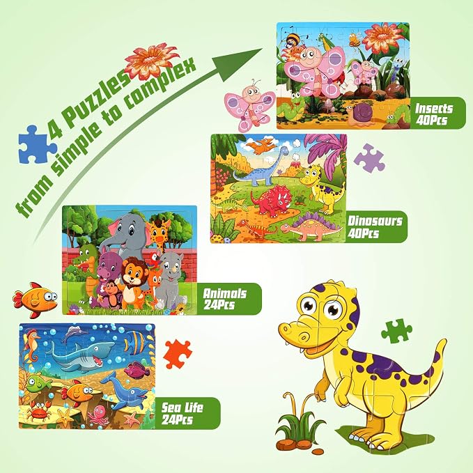 SYNARRY Large Dinosaur, Animal, Ocean & Insect Puzzles for Kids Ages 4-6 | Wooden Puzzles for Toddlers & Kids Ages 3-5, Birthday Gifts for Boys & Girls, Educational Toys, Screen-Free Play