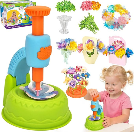 Glowsprout DIY Flower Bouquet Maker Kit with Fabric Petals for Girls, Green | Easy-press flower maker with colorful fabric petals and stems for bouquets, baskets and creative gifts for girls ages 3-12